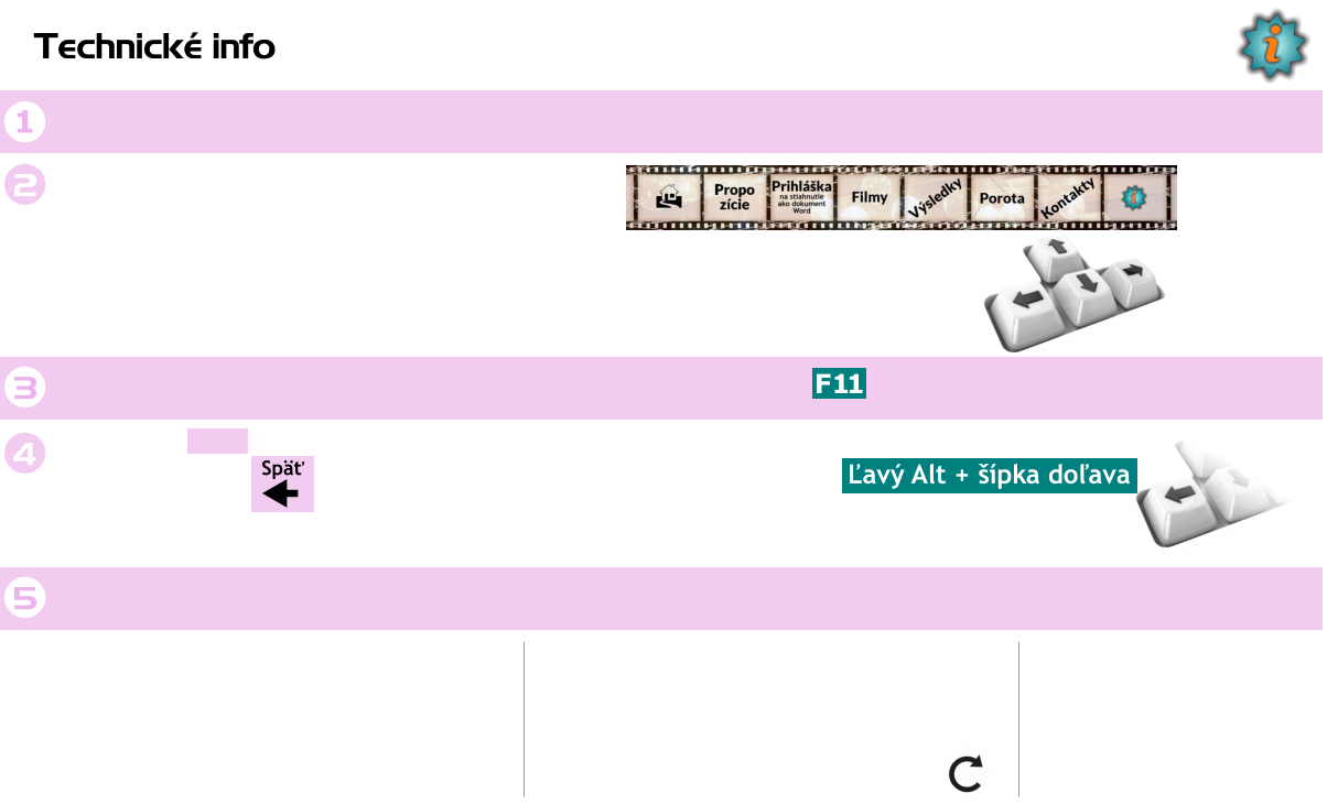 F11 Ľavý Alt + šípka doľava i Technické info 1 2 3 4  Späť 5