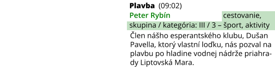 Plavba (09:02) Peter Rybín cestovanie, skupina / kategória: III / 3 – šport, aktivity Člen nášho esperantského klubu, Dušan Pavella, ktorý vlastní loďku, nás pozval na plavbu po hladine vodnej nádrže priahra-dy Liptovská Mara.