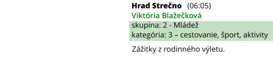 Zážitky z rodinného výletu. Hrad Strečno (06:05) Viktória Blažečková skupina: 2 - Mládež kategória: 3 – cestovanie, šport, aktivity